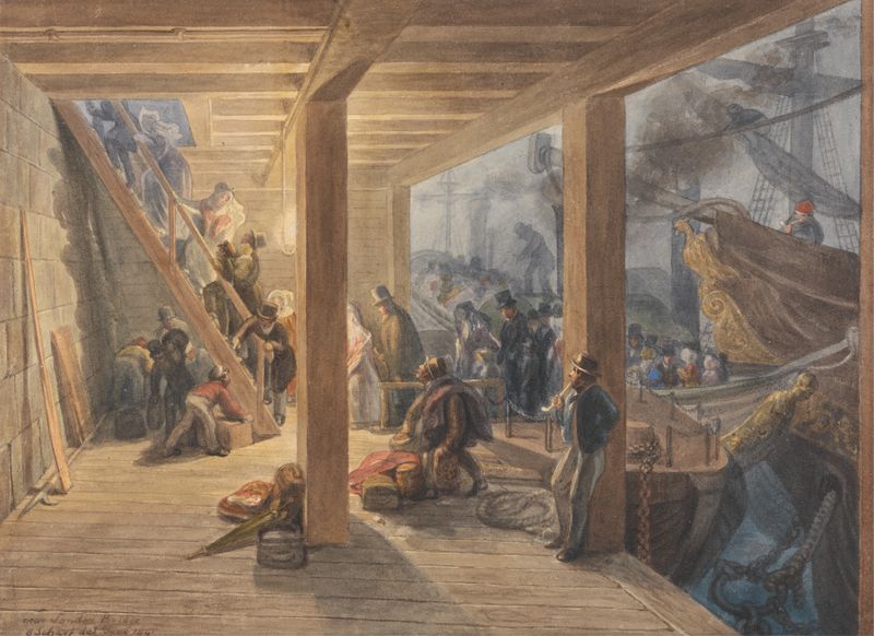 Swan Stairs, London Bridge by George Johann Scharf, oil painting depicting vibrant colors and shadows.