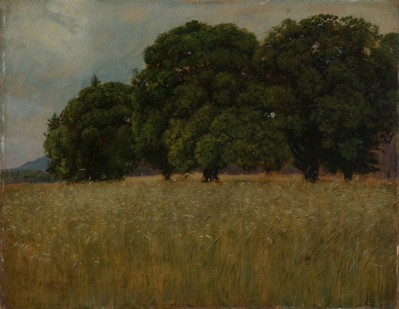 Paisaje con un campo y árboles, pintura al óleo de Hans Thoma