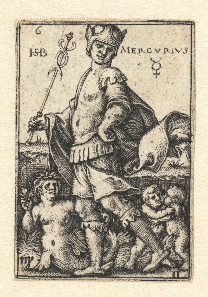 Grabado de Hans Sebald Beham que representa a Mercurio con las constelaciones de Virgo y Géminis