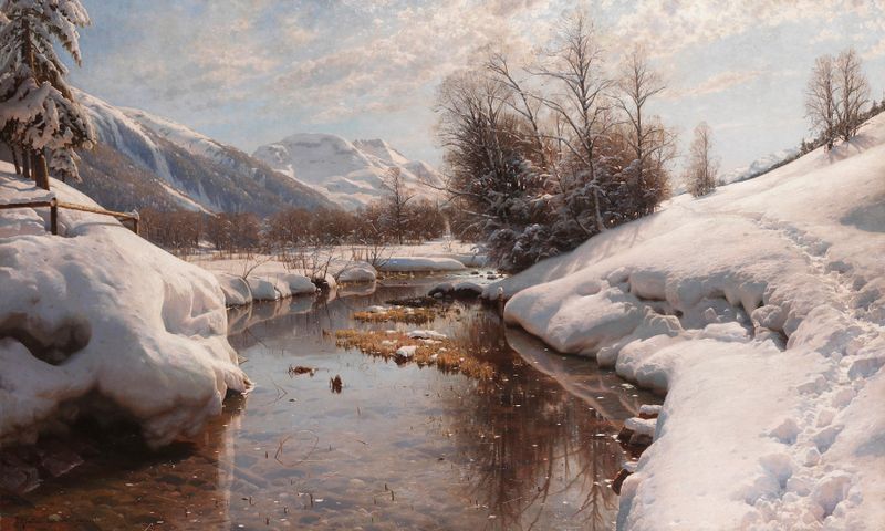 Paisaje invernal con atardecer, pintura al óleo de Peder Mørk Mønsted