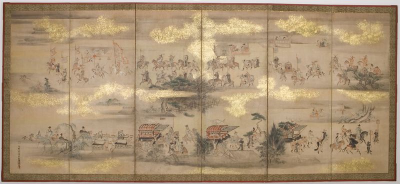 Procesión de un Enviado Coreano de Kano Eikei, papel, que representa una vibrante procesión histórica con figuras.