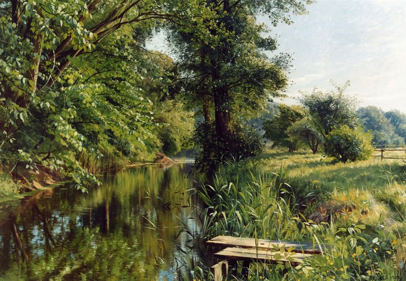 Reflections of Spring de Peder Mørk Mønsted, pintura al óleo que muestra agua y árboles