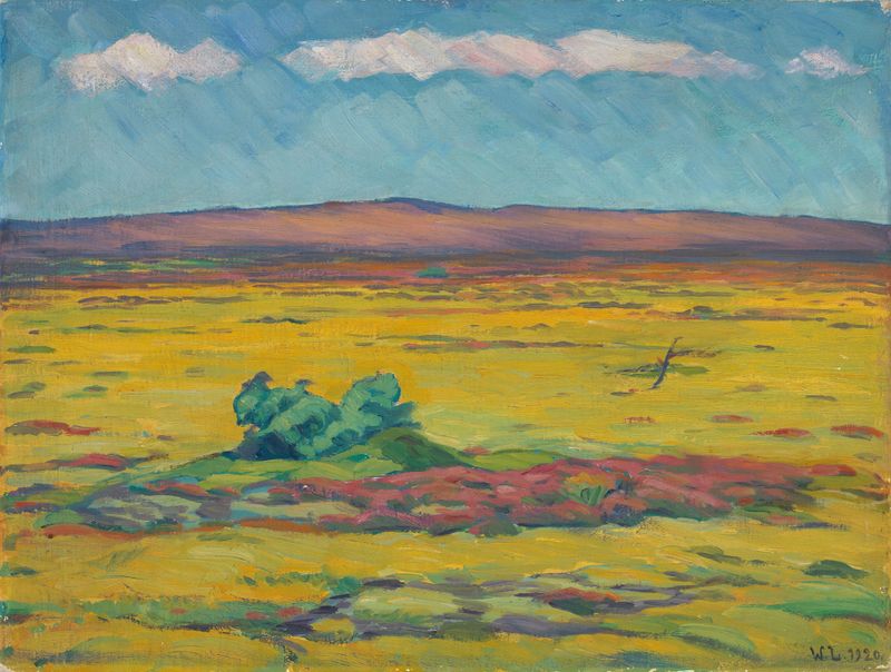 Dürre Heide de Wilhelm Laage, óleo sobre lienzo que representa un paisaje desolado con colores apagados.