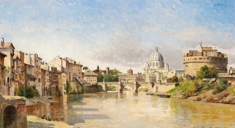Udsigt over Tiberen mod Engelsborg og Peterskirken by August Fischer, oil on canvas, depicting the Tiber and St. Peter's Basilica.