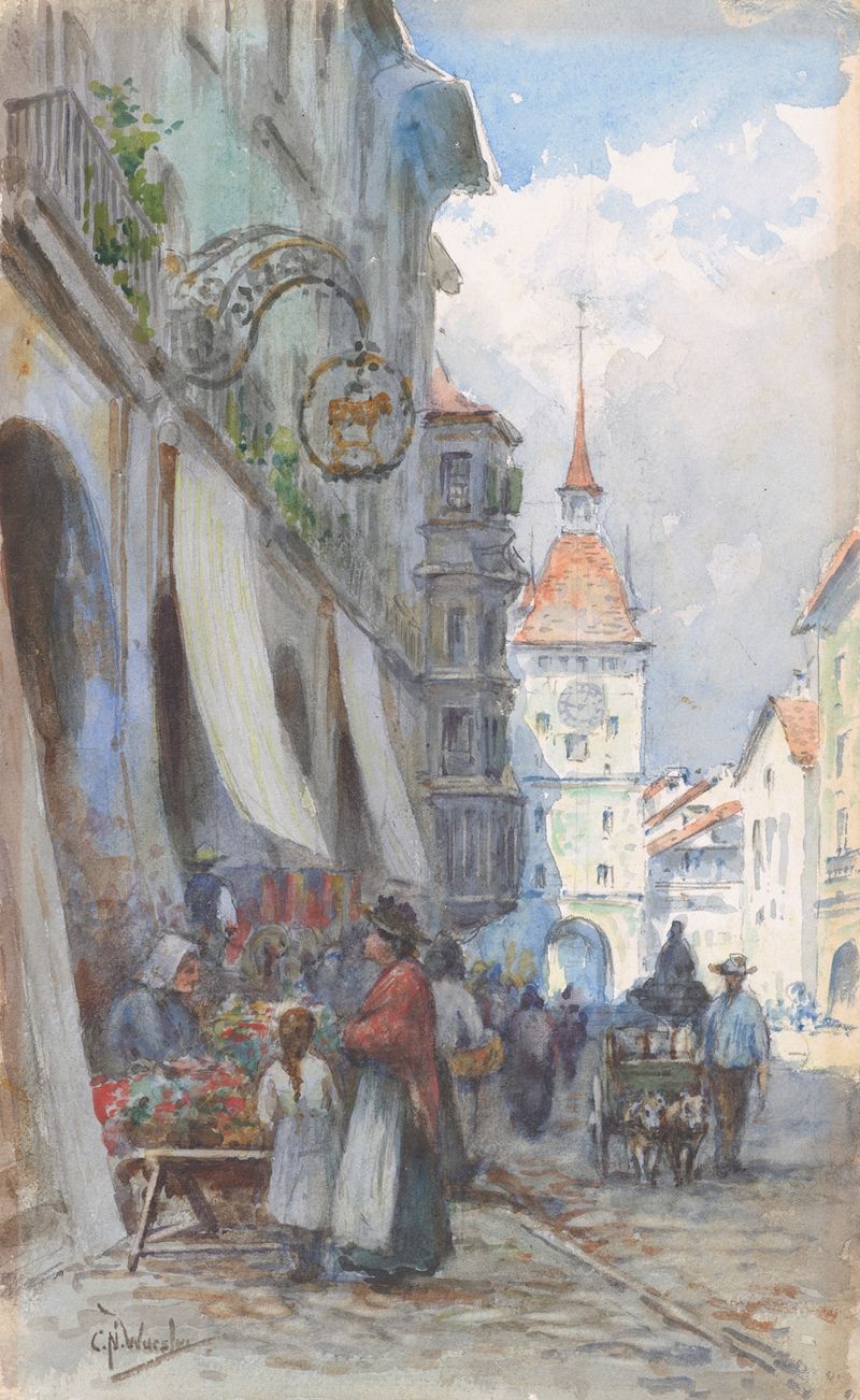 Paisaje de una calle en Berna, Suiza, óleo sobre lienzo de Charles Nathaniel Worsley