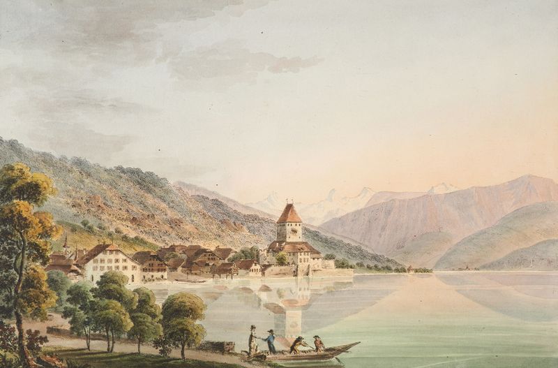 Landscape of Vûe du Chateau d’Oberhofen au Lac de Thoune by Jakob Samuel Weibel, oil painting
