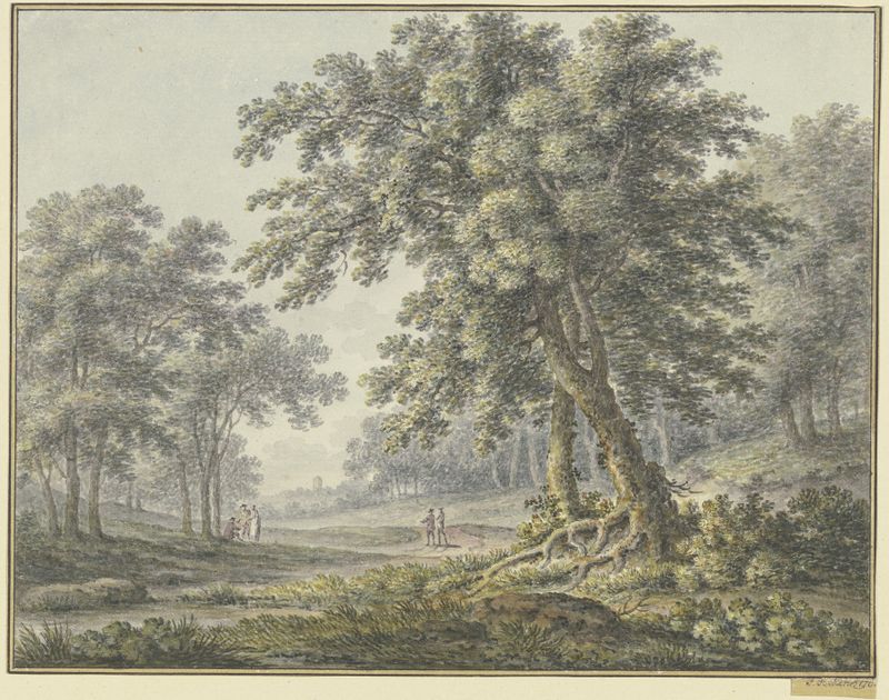 Waldpartie mit zwei Figurengruppen by Johann Heinrich Müntz, oil on canvas depicting figures in a forest.