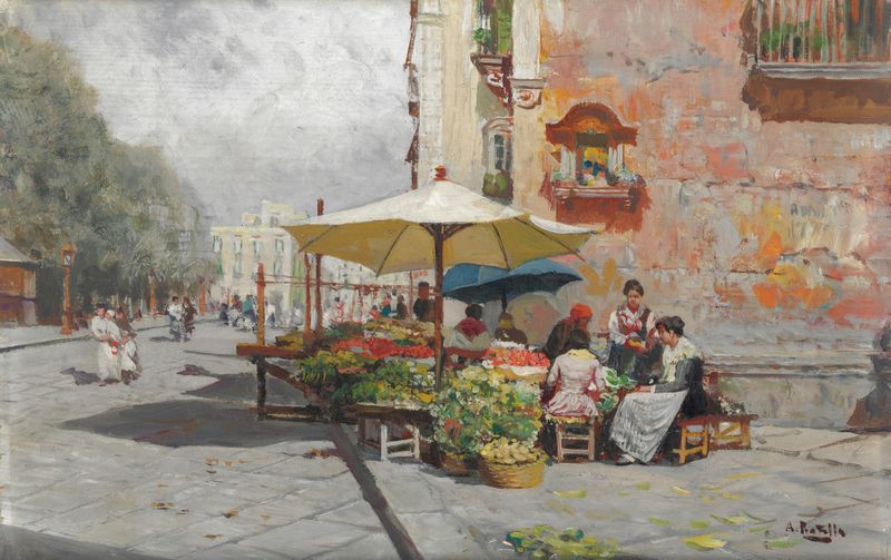 Landscape of hills and water in oil on canvas by Attilio Pratella