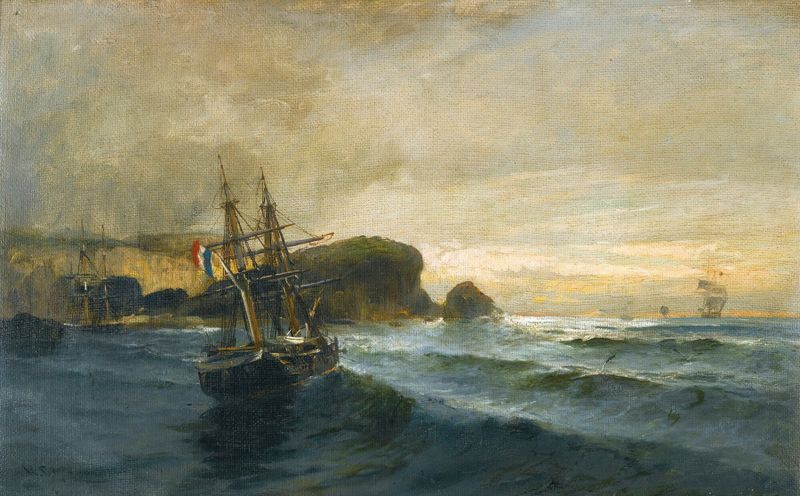 Marine scene with waves and sky in oil on canvas by Konstantinos Volanakis