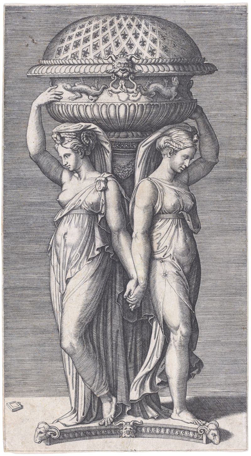 Gravura de Marcantonio Raimondi mostrando um censário finamente detalhado com fumaça.