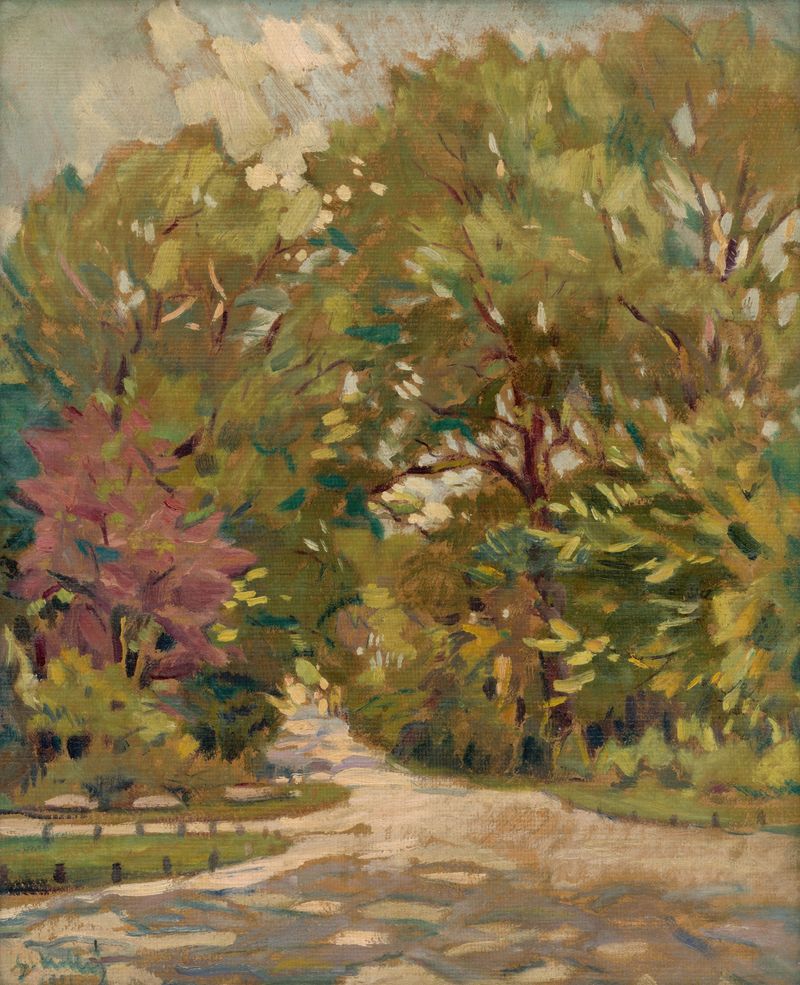 Primavera em Petržalka de Gustáv Mallý, paisagem impressionista com árvores em flor e cores vibrantes.