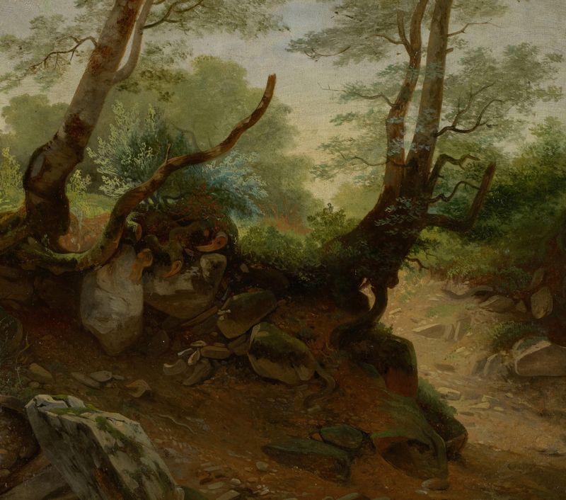Forest Corner by Jean-Antoine Linck, oil on canvas depicting lush green foliage and sunlight.