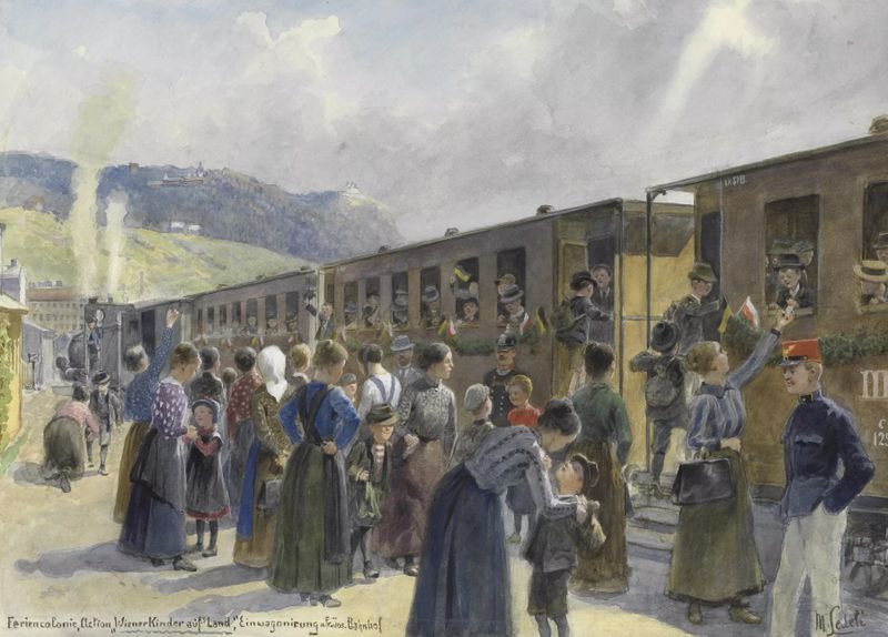 Escena de género que muestra niños abordando un tren, pintura al óleo de Moritz Ledeli