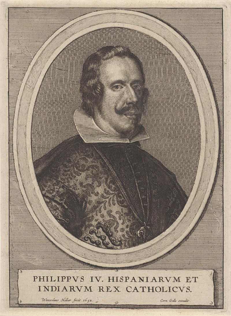Retrato do rei Filipe IV em vestes escuras, gravura de Wenceslaus Hollar