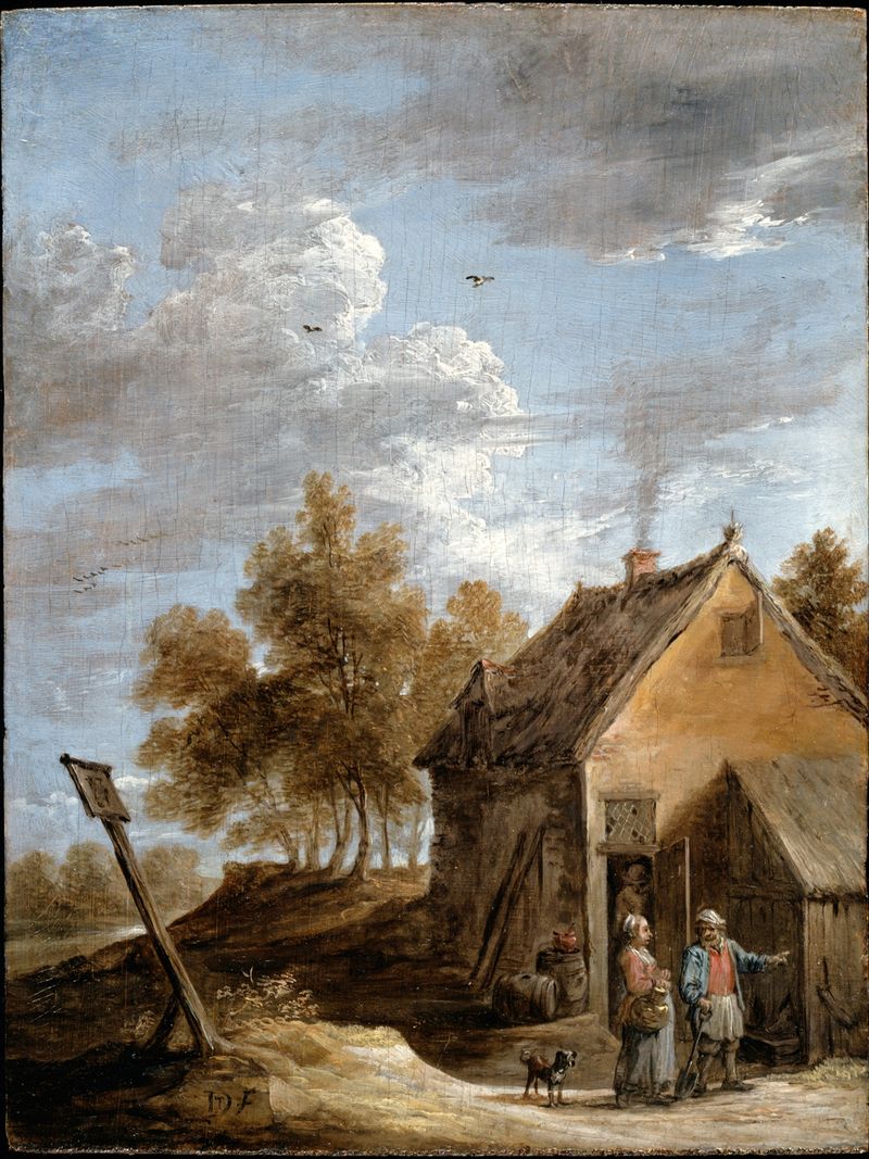 A Cottage by David Teniers the Younger, oil painting depicting a rustic cottage in a serene landscape.
