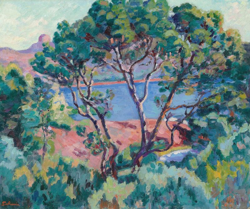 La Baie d’Agay de Armand Guillaumin, óleo sobre tela mostrando águas serenas e pinceladas expressivas