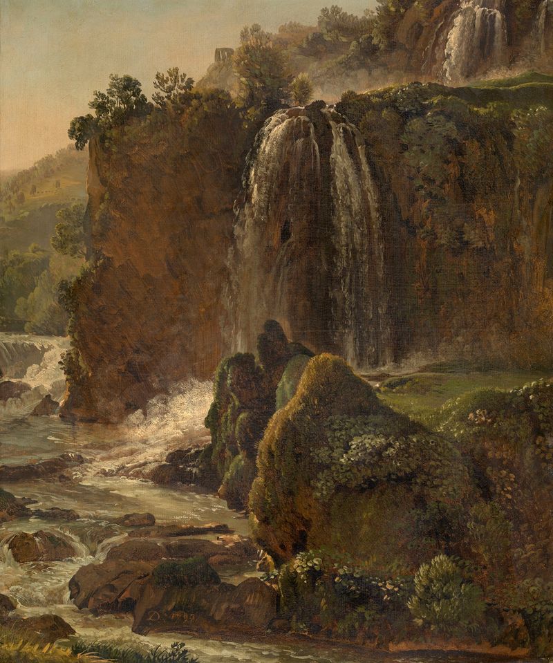 Waterfall at Tivoli by Simon Denis, oil painting depicting a serene landscape with a waterfall and rocks.