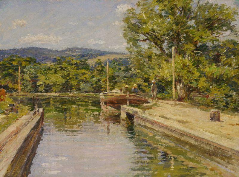 Canal Scene de Theodore Robinson, óleo sobre tela que retrata uma paisagem tranquila com reflexos na água.