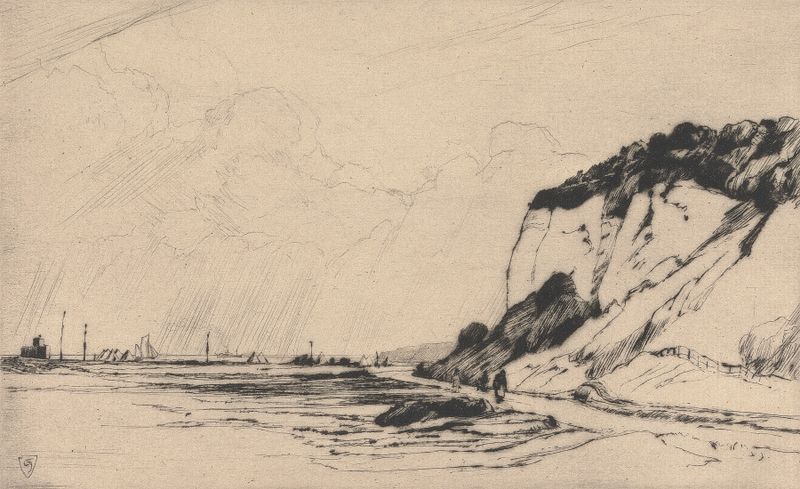Grabado de The Coast Road, Kingsdown, No.2 de Sir Frank Short, que representa una costa tranquila.
