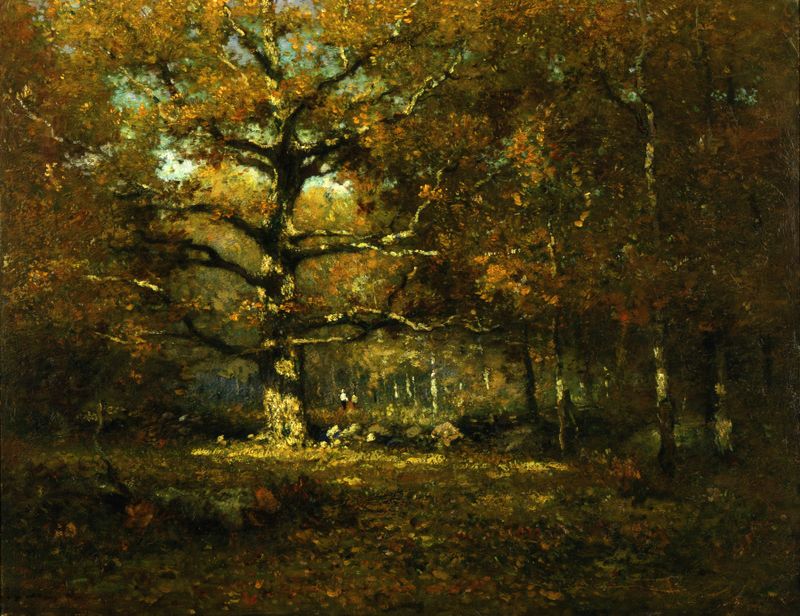 Connecticut Woods by Henry Ward Ranger, oil painting depicting sunlight filtering through forest leaves.