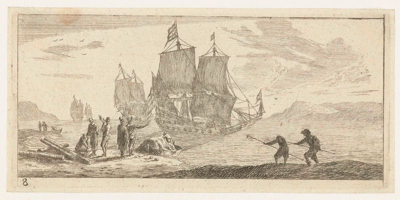 Vier grote zeilschepen in een baai by Reinier Nooms, etching depicting sailing ships in a calm bay at sunset