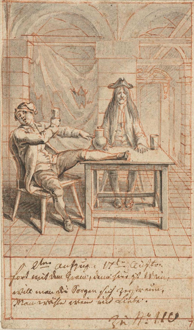 Gravura Himmelsturm en Bertram de Daniel Nikolaus Chodowiecki representando figuras em luz e sombra