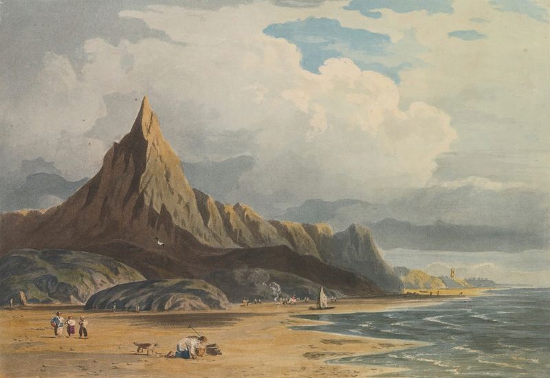 Figuras na praia de Barmouth, País de Gales do Norte por John Varley, pintura a óleo