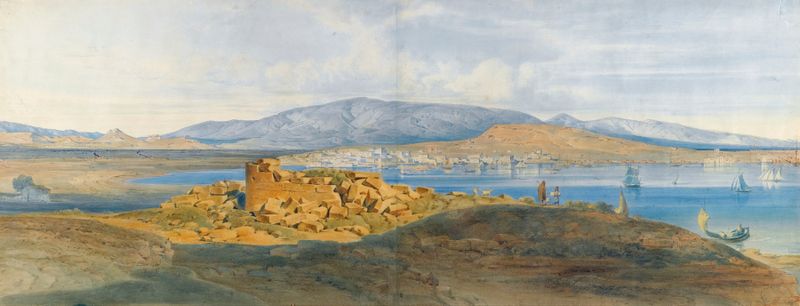 O Porto de Piraeus de Ludwig Lange, óleo sobre tela retratando barcos sobre água cintilante.