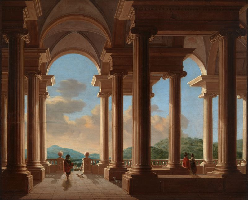 Architectural study by Daniël de Blieck, depicting a colonnade with light and shadow.