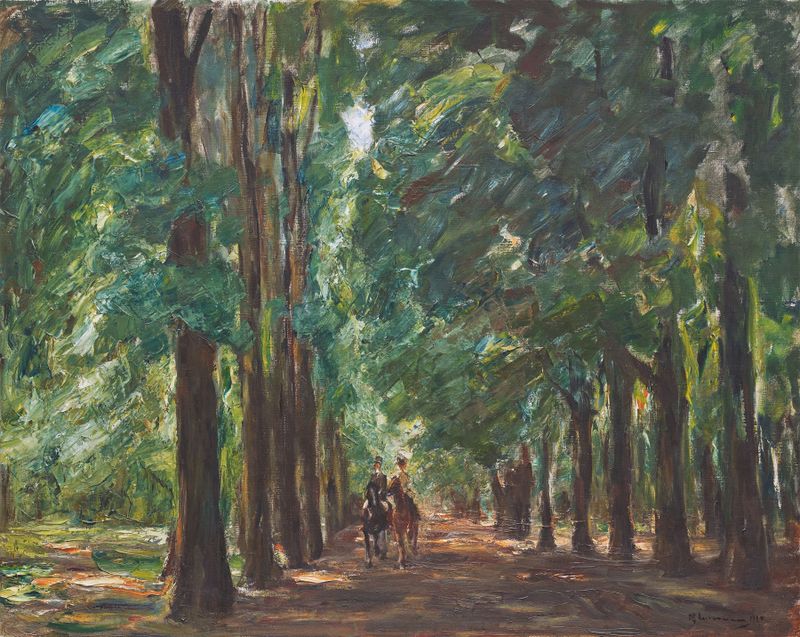 Reiter in der Allee bei Sakrow de Max Liebermann, óleo sobre tela, retratando um cavalo e um cavaleiro em um beco ensolarado.