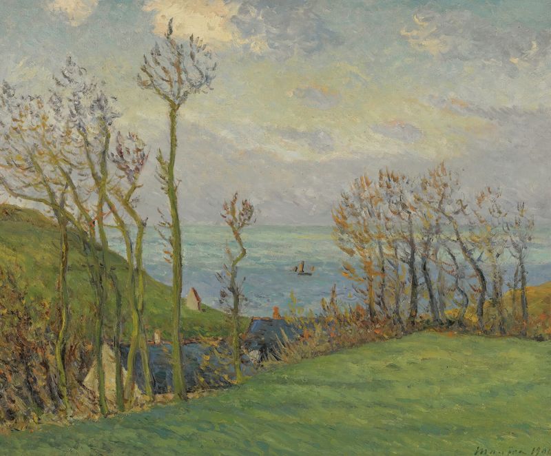 Paisagem costeira de Le Vallon, Vaucottes-Sur-Mer por Maxime Maufra, óleo sobre tela