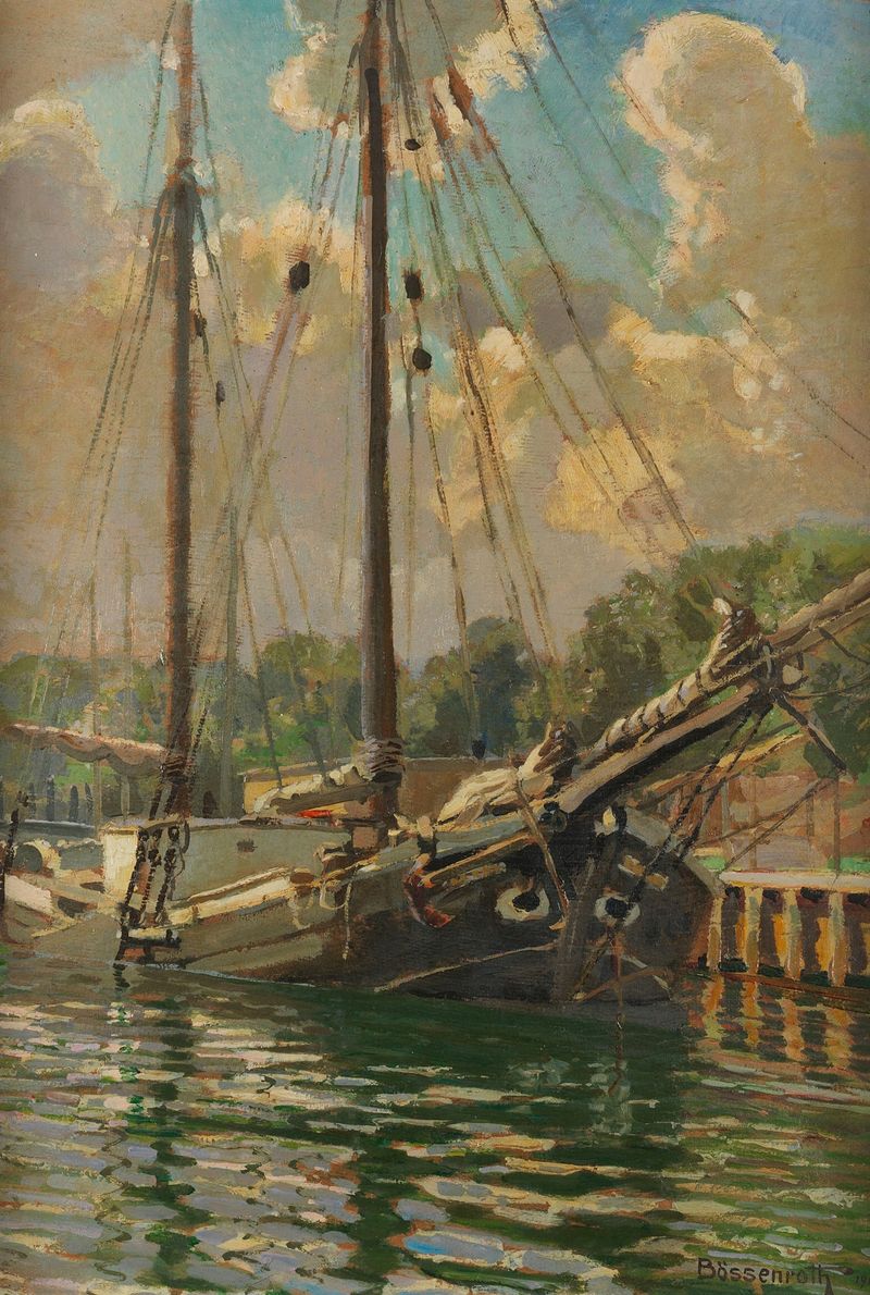 Ewer im Hafen von Eckernförde de Carl Bössenroth, pintura a óleo que mostra um ewer em água calma