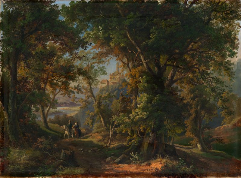 Romantische Landschaft de Georg Maria Eckert, pintura al óleo de un río que serpentea a través de un valle exuberante al a...
