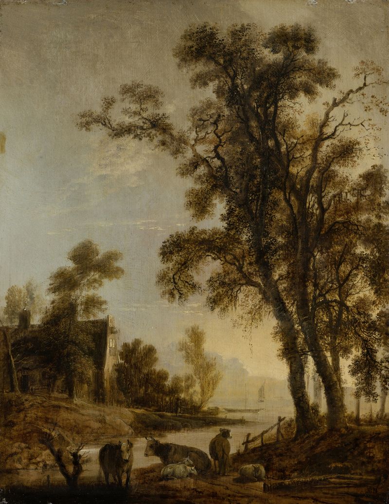 River Bank with Cattle de Aert van der Neer, óleo sobre tela, vacas pastando perto de um rio ao entardecer