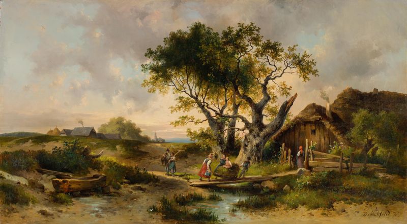 Idyllisches Landleben mit Heueinbringung de Dominik Schuhfried, óleo sobre lienzo que representa una escena de cosecha rural