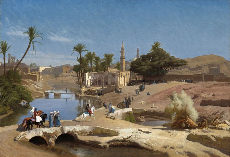 View of Medinet El-Fayoum by Jean-Léon Gérôme, oil painting depicting a tranquil landscape.