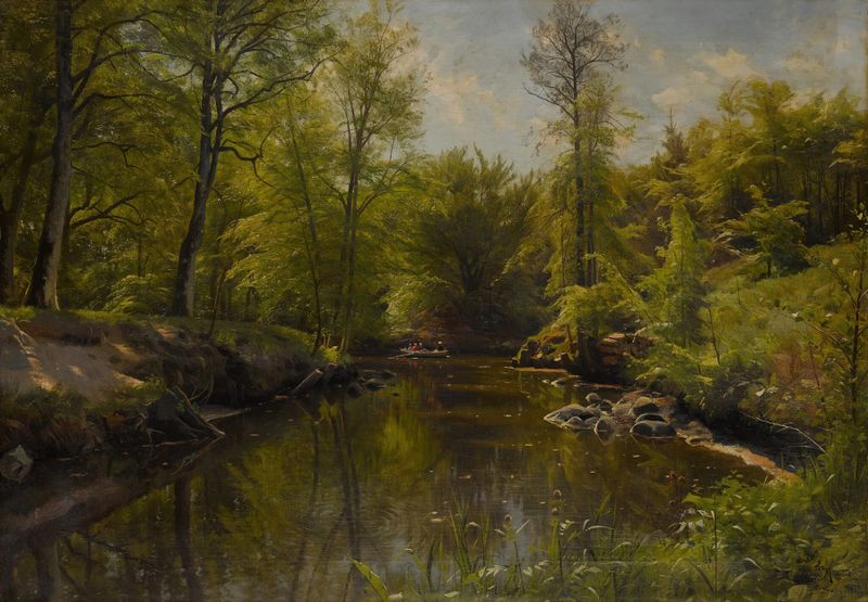 Rowing on the River, pintura al óleo de Peder Mørk Mønsted