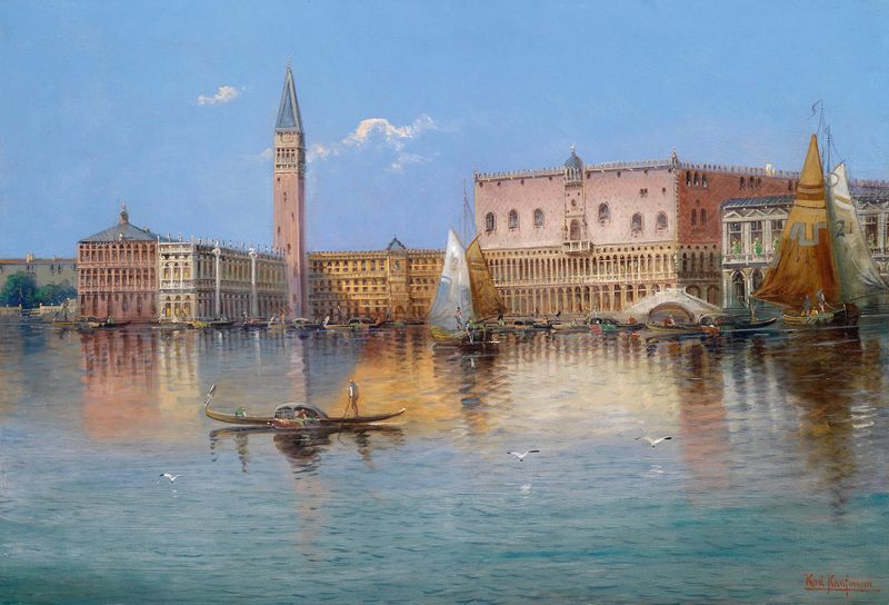 Obra de arte impresionista de Karl Kaufmann que muestra reflejos en el agua de Venecia.