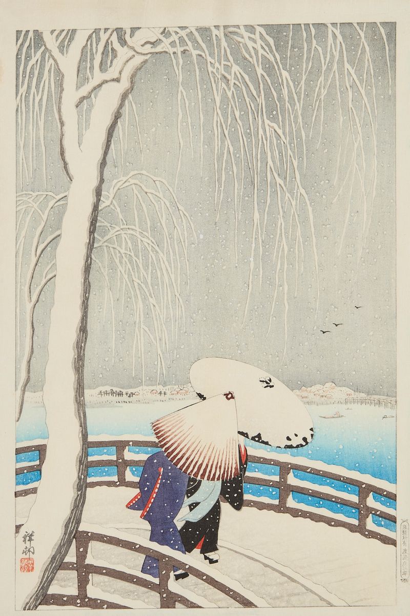 Woodblock print by Ohara Koson depicting willow branches covered in snow.
