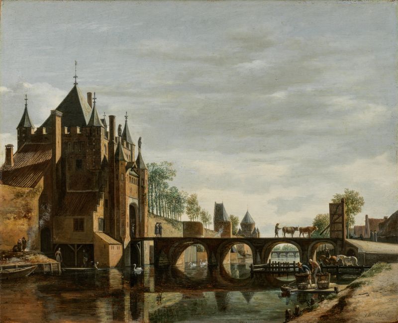oil on canvas by Gerrit Berckheyde depicting a wooden gate in Haarlem