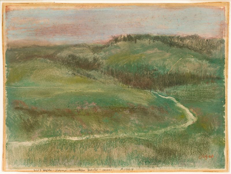 Landscape de Edgar Degas, óleo sobre tela, apresentando um rio sereno e uma floresta com luz dourada