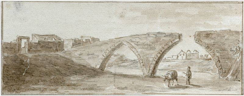 Ruïne van de brug in de Rio Secco de Otto Howen, pintura a óleo que retrata uma ponte em ruínas na natureza.