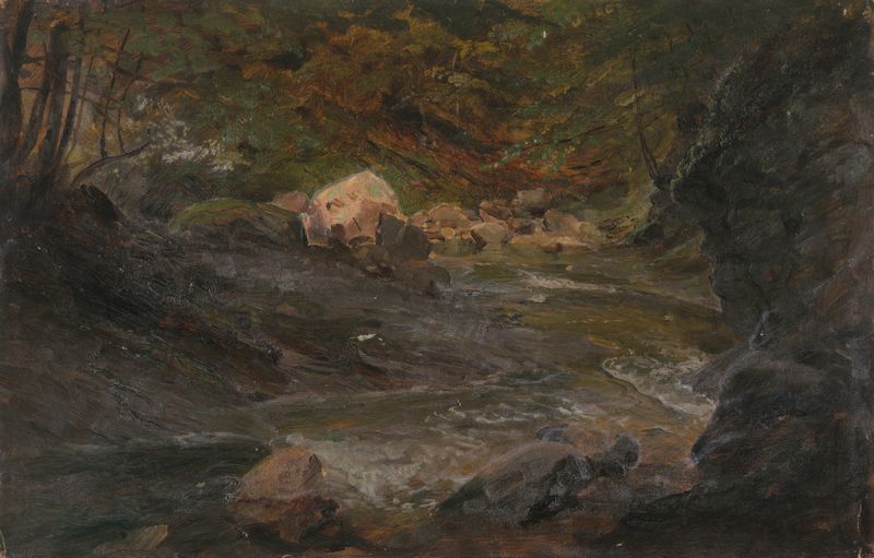Woodland Stream de Frederic Edwin Church, óleo sobre lienzo que muestra un paisaje sereno con un arroyo.