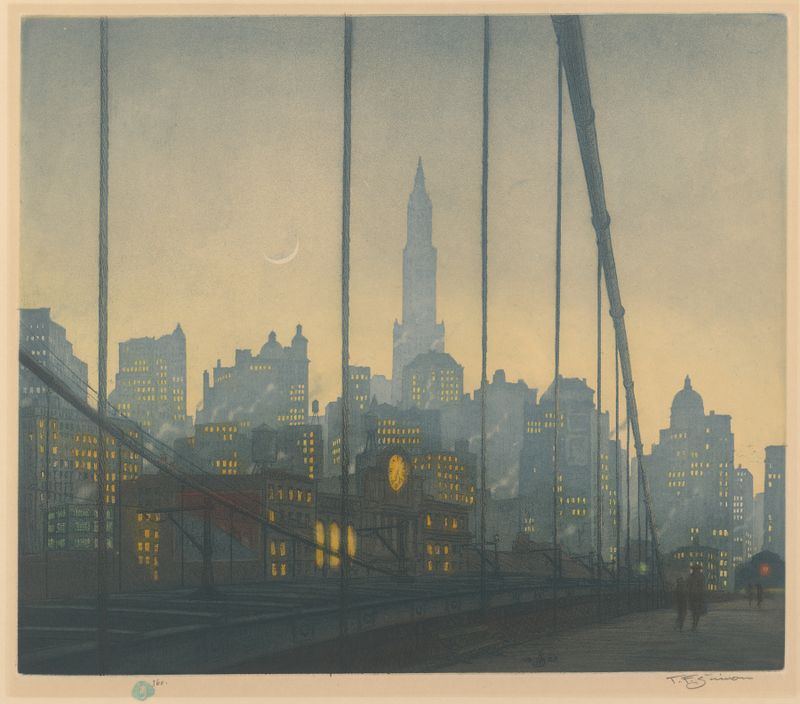 Pintura del Puente de Brooklyn de Tavík František Šimon, mostrando cables intrincados y paisaje urbano.