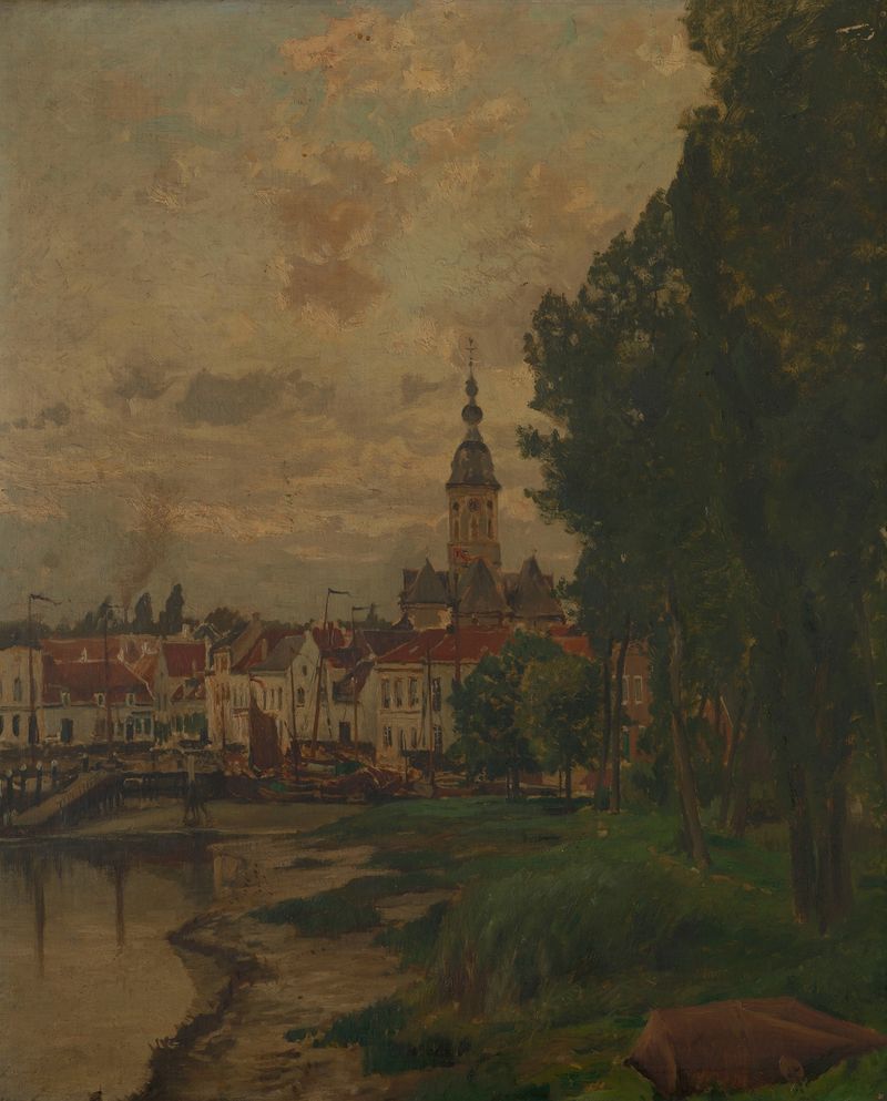 A View of Temse by Henri van der Hecht, oil painting depicting a serene river landscape.
