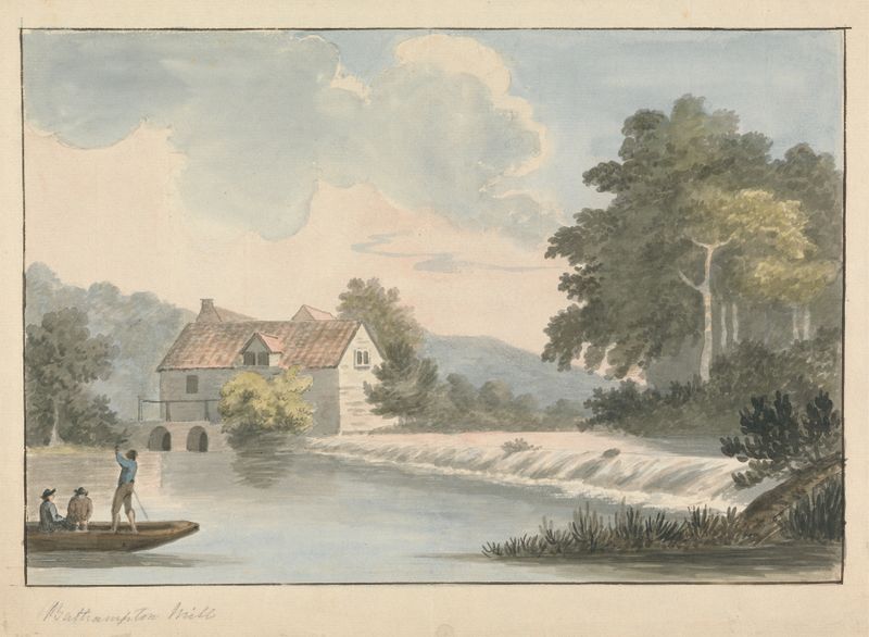 Bathampton Mill, watercolor on paper by Edward Francis Burney, depicting a tranquil landscape with water reflections.