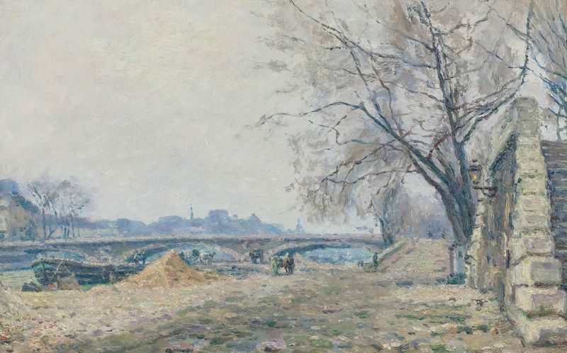 Le Pont De Solférino de Maximilien Luce, óleo sobre tela, retratando uma cena tranquila de rio com árvores e luz do sol.