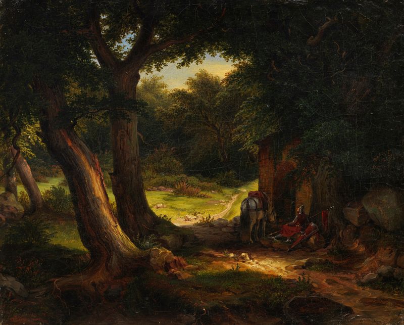Eichenwald mit einem am Brunnen rastenden Kreuzritter, oil on canvas by Karl Friedrich Lessing