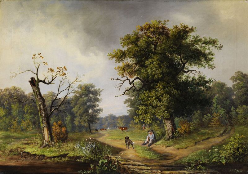 Cowherd at the Rest at the Forest Edge by Guido Hampe, oil painting