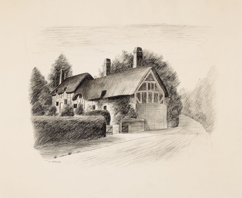 Cabaña de Anne Hathaway, óleo sobre lienzo de H. I Crocker, rodeada de exuberante follaje y luz solar filtrada.